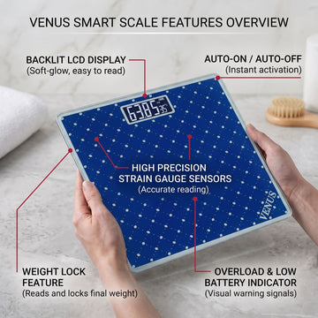 Venus EPS-2599 royal blue digital scale features - backlit display, auto on/off, weight lock, strain gauge sensor