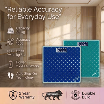 Venus EPS-2599 digital scale specifications - 180kg capacity, 100g accuracy, kg/lb units, green and royal blue variants