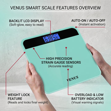 A Venus smart scale being held by two hands, with callout lines and text explaining features such as the backlit LCD display, auto-on/auto-off, high precision strain gauge sensors, weight lock feature, and overload & low battery indicator.