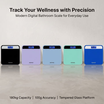 Five VENEUS digital bathroom scales in different colors (black, lavender, light blue, mint green, and royal blue) lined up on a reflective gray surface against a light gray background, with promotional text above and below.