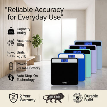 Venes digital step-on body scale shown in a home interior setting with multiple color options lined up behind the main black model. Text on the left lists features like 180kg capacity, 100g accuracy, kg/lb units, 2 AAA battery, and auto step-on technology.