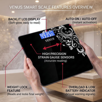 Venus EPS-6399 black digital scale features - blue backlit display, auto on/off, weight lock, strain gauge sensor