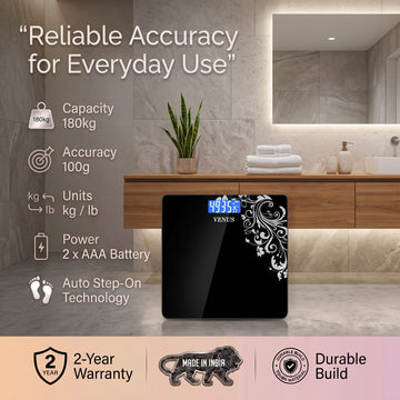 Venus EPS-6399 black digital scale specifications - 180kg capacity, 100g accuracy, kg/lb units, blue backlight