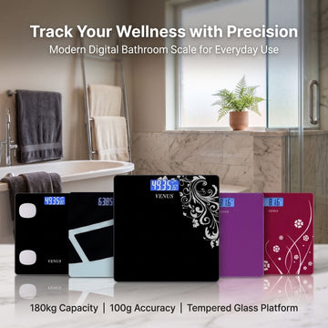Venus EPS-6399 digital bathroom scales with blue backlit display in five unique color designs