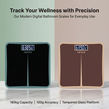 Venus EPS-8199 premium digital bathroom scale in black and brown with metallic border, 180kg capacity.