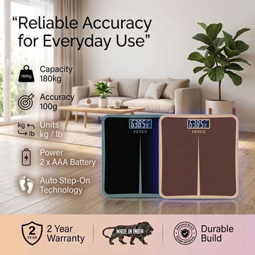 Venus EPS-8199 digital bathroom scale specifications - 180kg capacity, 100g accuracy, kg/lb units, black and brown variants