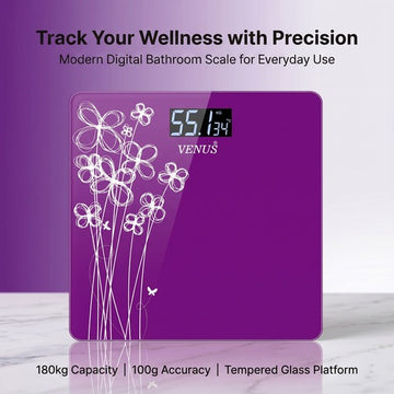 Venus purple digital bathroom scale with 180kg capacity and tempered glass platform