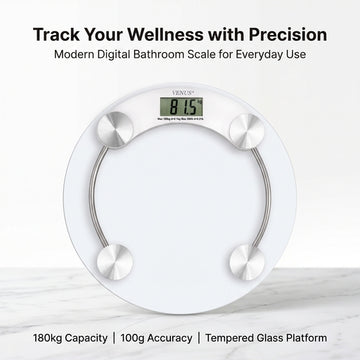 Venus round white digital bathroom scale with 180kg capacity and tempered glass platform