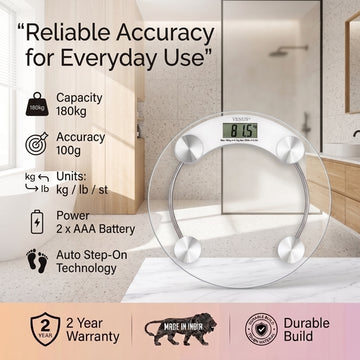 Venus round digital scale specifications - 180kg capacity, 100g accuracy, kg/lb/st units, 2 year warranty