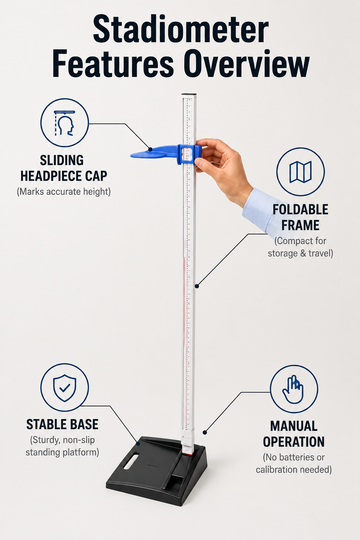 Venus stadiometer features - sliding headpiece cap, foldable frame, stable base, manual operation