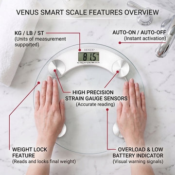 Venus transparent digital scale features - safety lock switch, auto on/off, weight lock.